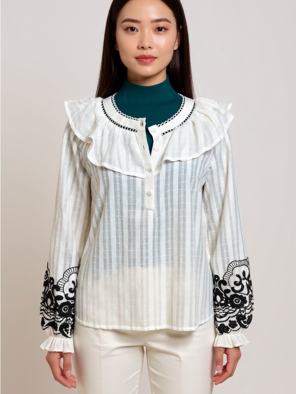 Savanna Jane Ivory Blouse with Black Embroidery